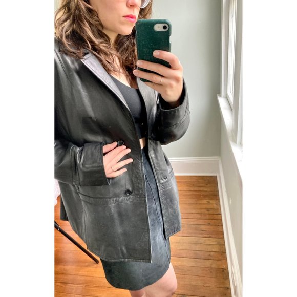 Vintage Y2K 90s 100% Buttery Leather Black Minimalist Sleek Punk Grunge Jacket L - Picture 8 of 10